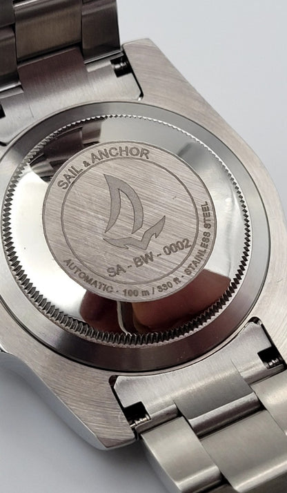 Automatic Dive Watch Steel Bracelet Black Dial 100M Date Sapphire Sail & Anchor6