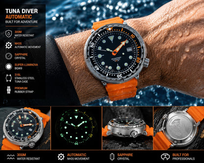 Automatic Tuna Diver Watch Orange Rubber Sapphire Crystal 300M Ceramic1