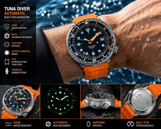 Automatic Tuna Diver Watch Orange Rubber Sapphire Crystal 300M Ceramic1
