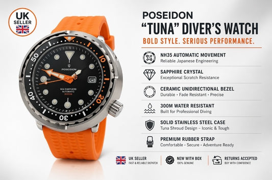 Chunky POSEIDON NH35 Orange Automatic Black Tuna Divers Watch 300M WR SEIKO TMI1