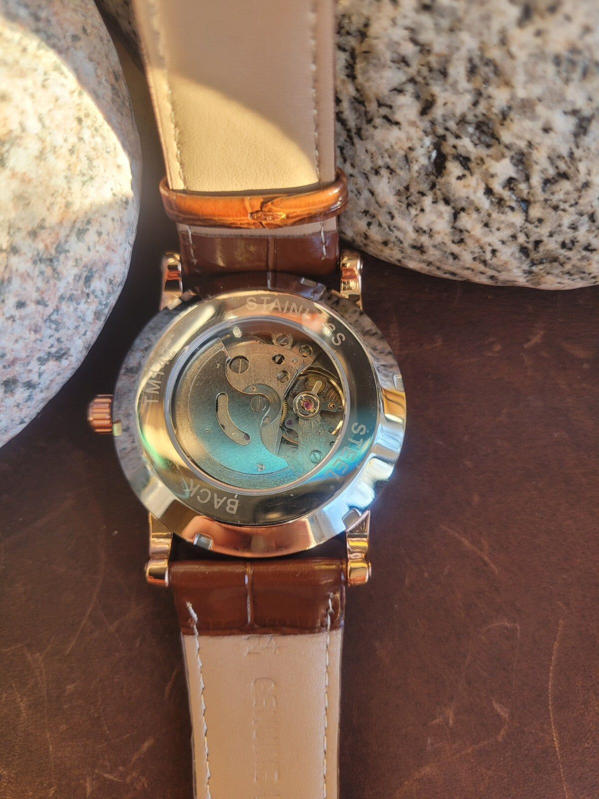 Mens Luxury Automatic Watch Rose Gold Date Window Back Brown Leather Strap 3ATM7