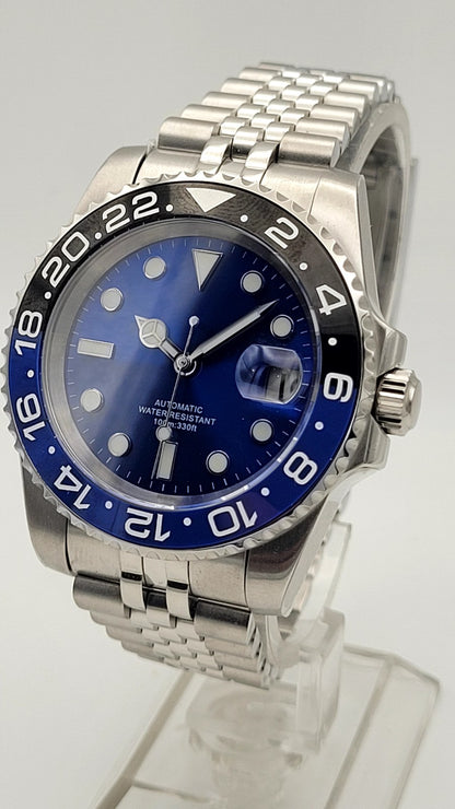 Cobalt Blue Automatic Sunburst Divers Watch Black Blue Sapphire Ceramic Steel UK6
