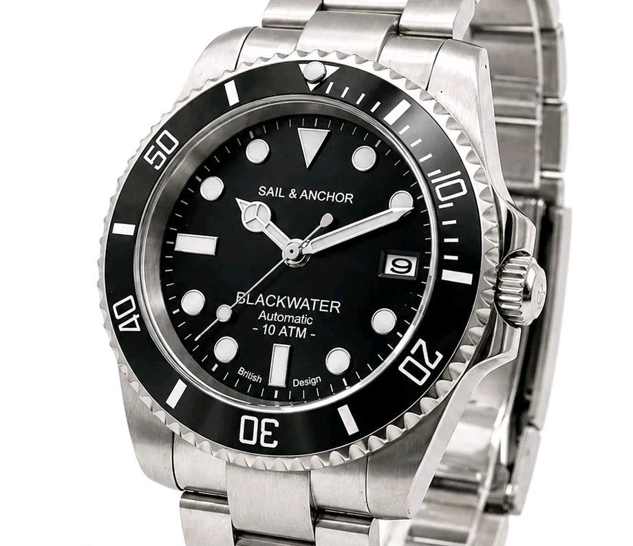 Automatic Dive Watch Steel Bracelet Black Dial 100M Date Sapphire Sail & Anchor0