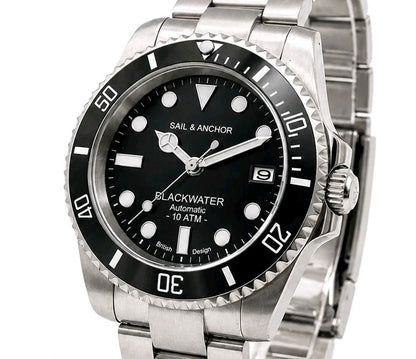 Automatic Dive Watch Steel Bracelet Black Dial 100M Date Sapphire Sail & Anchor0