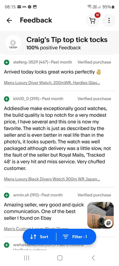 Men's Custom 43mm Black Divers Watch NH34 Seiko TMI Automatic Movt 100m GMT .18