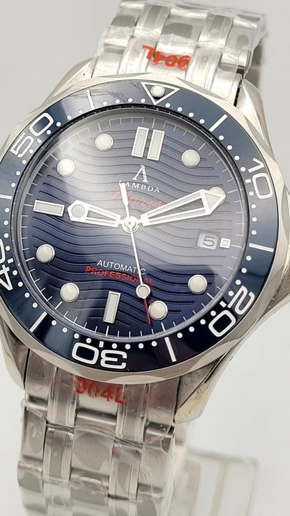 Lambda Maris Luxury Heritage Ocean Automatic Diver Sapphire Blue Dial Watch 100m5
