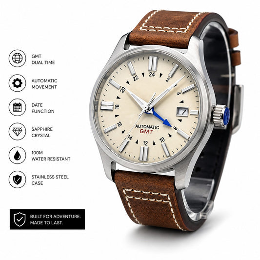 Automatic GMT Dual Time Watch Sapphire Steel Case Leather Strap Date 200m0