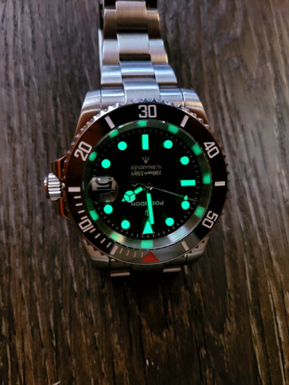 Poseidon Automatic Dive Watch Steel Bracelet Black Dial Date 100m Classic Style21