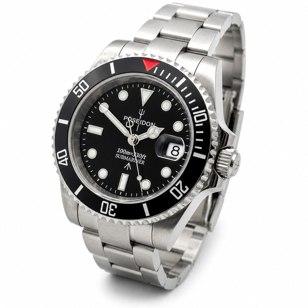 Poseidon Automatic Dive Watch Steel Bracelet Black Dial Date 100m Classic Style0