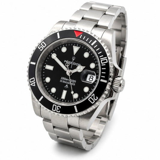 Poseidon Automatic Dive Watch Steel Bracelet Black Dial Date 100m Classic Style0