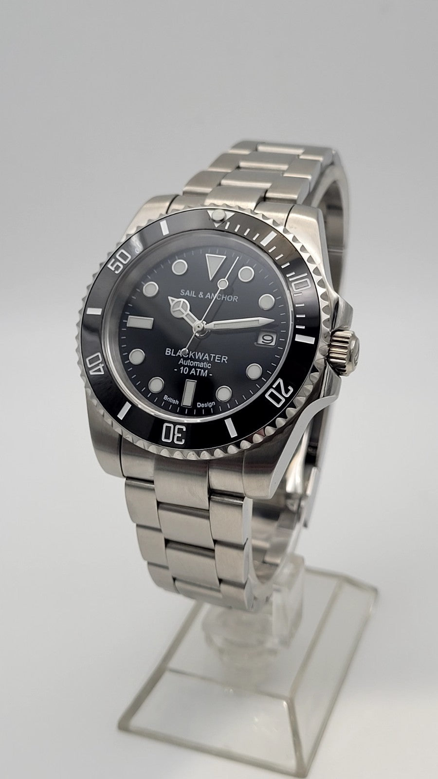 Automatic Dive Watch Steel Bracelet Black Dial 100M Date Sapphire Sail & Anchor12