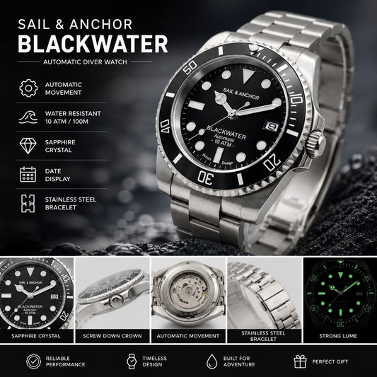 Automatic Dive Watch Steel Bracelet Black Dial 100M Date Sapphire Sail & Anchor1