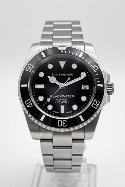 Automatic Dive Watch Steel Bracelet Black Dial 100M Date Sapphire Sail & Anchor5