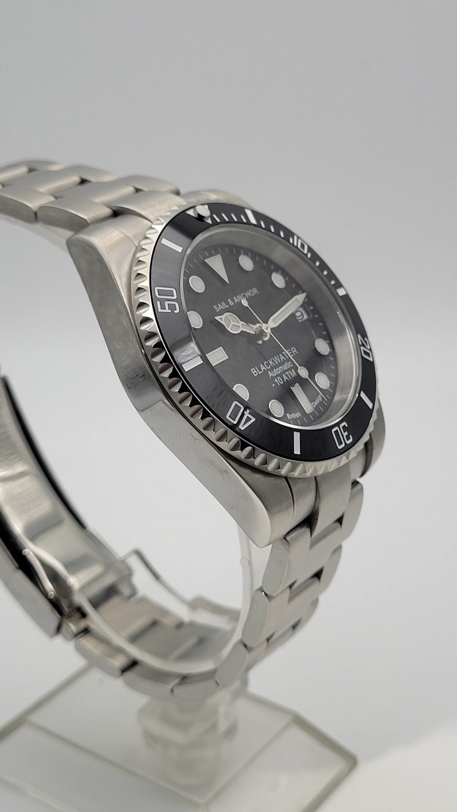 Automatic Dive Watch Steel Bracelet Black Dial 100M Date Sapphire Sail & Anchor10