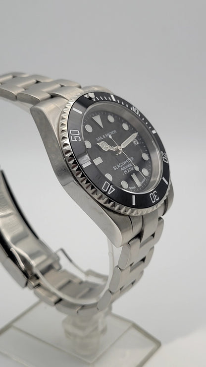 Automatic Dive Watch Steel Bracelet Black Dial 100M Date Sapphire Sail & Anchor10