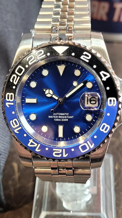 Cobalt Blue Automatic Sunburst Divers Watch Black Blue Sapphire Ceramic Steel UK8