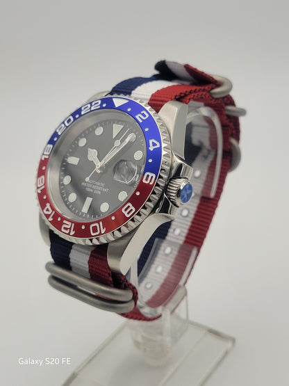 Custom 40mm Red White Blue Divers Watch Seiko TMI Nh35 Auto Movt 100m GB USA.8