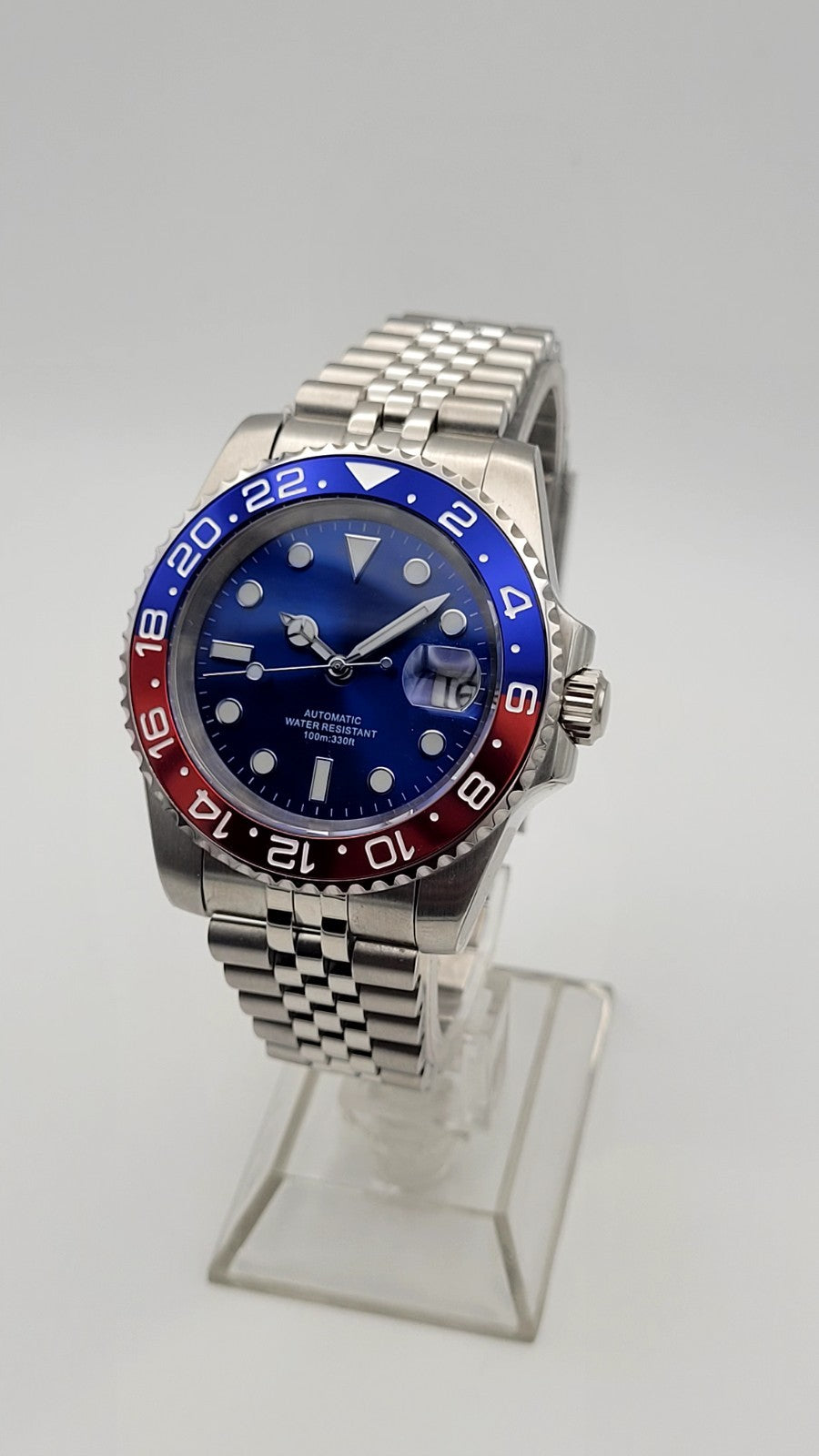 New Automatic Divers Watch Red Blue Bezel Sapphire Ceramic Date Steel UK Seller 10