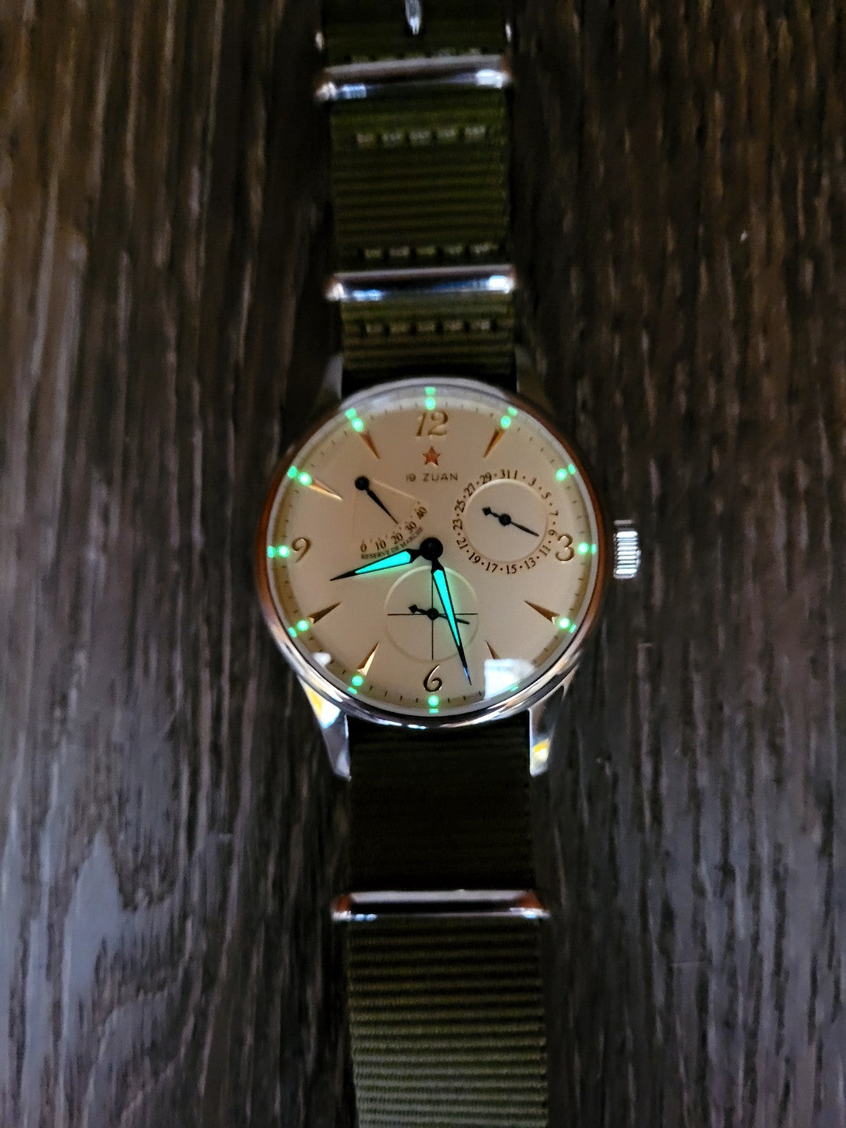 Mens 1963 Automatic Pilot Watch Power Reserve Date Sapphire Military Strap 50m6
