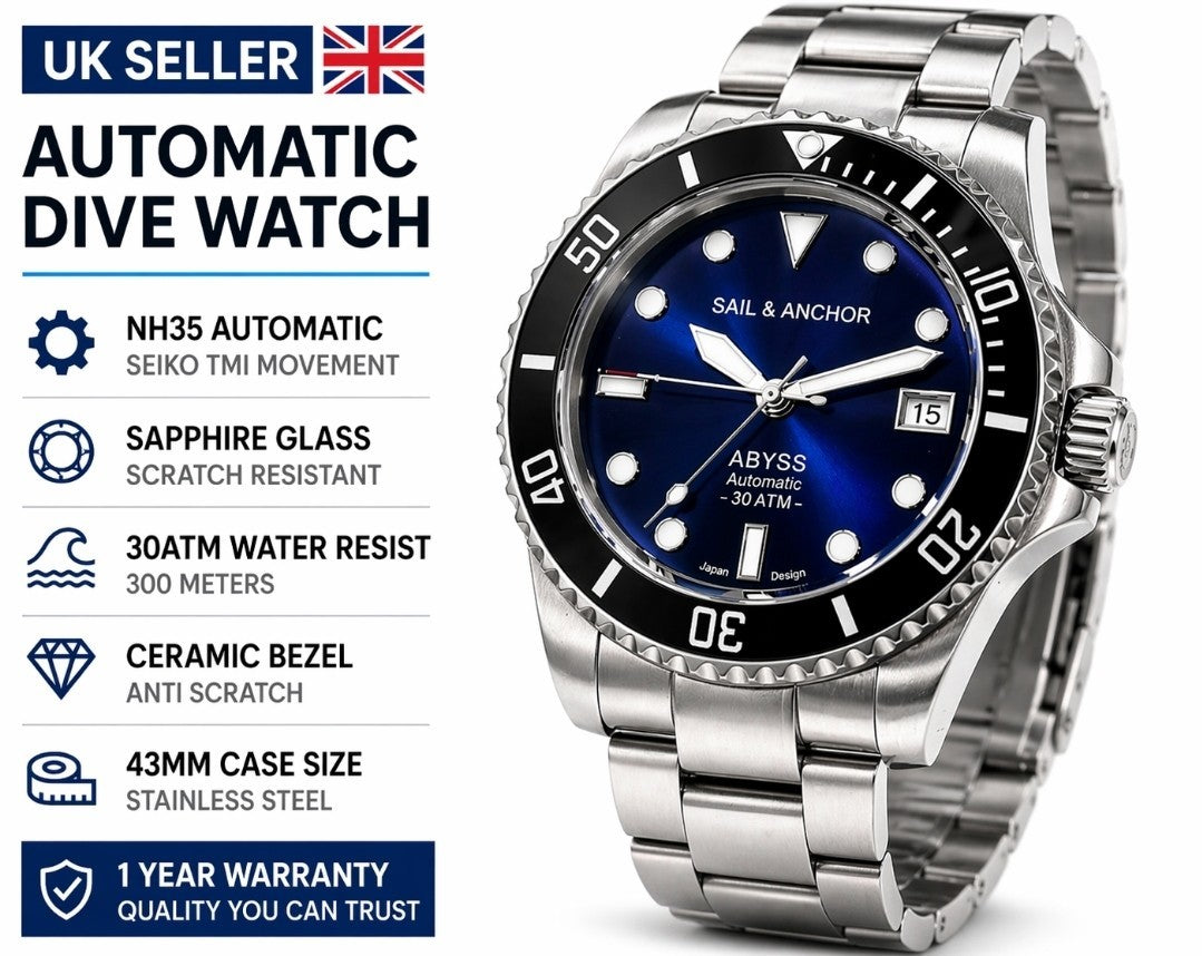 Blue Automatic Dive Watch NH35 43mm Sapphire Ceramic Bezel 300m UK Seller 0