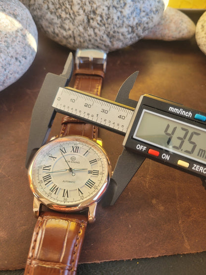 Mens Luxury Automatic Watch Rose Gold Date Window Back Brown Leather Strap 3ATM9