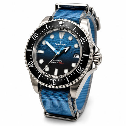 Automatic Diver Watch 200m Poseidon Sapphire Blue Dial Steel Military Strap UK0