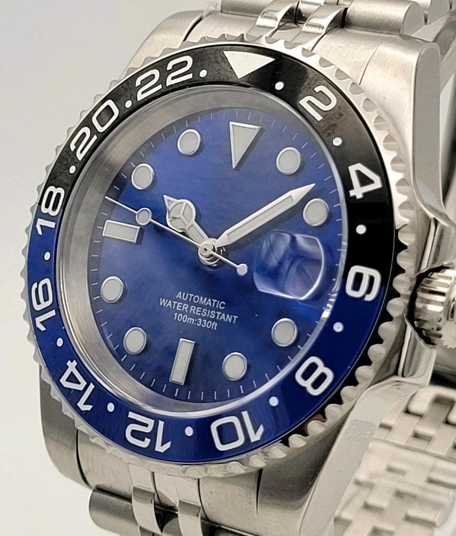 Cobalt Blue Automatic Sunburst Divers Watch Black Blue Sapphire Ceramic Steel UK0