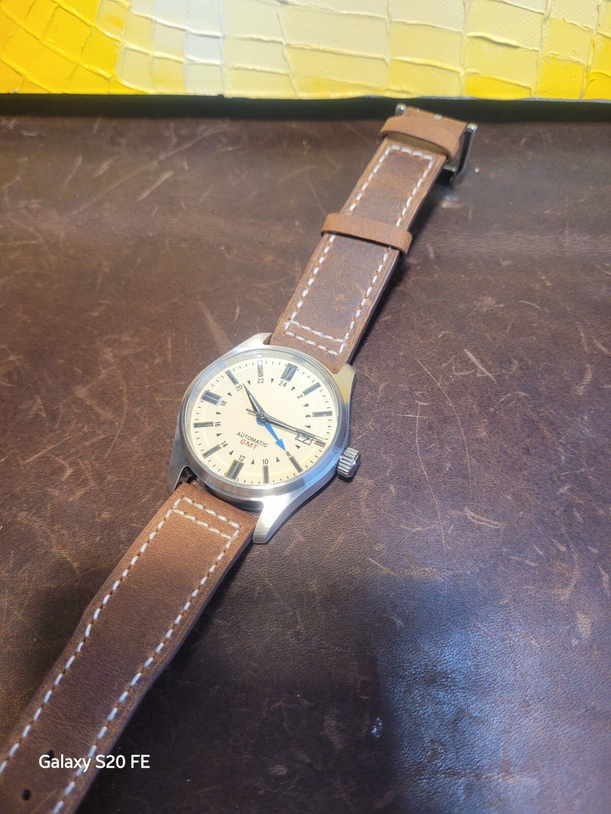 Automatic GMT Dual Time Watch Sapphire Steel Case Leather Strap Date 200m3