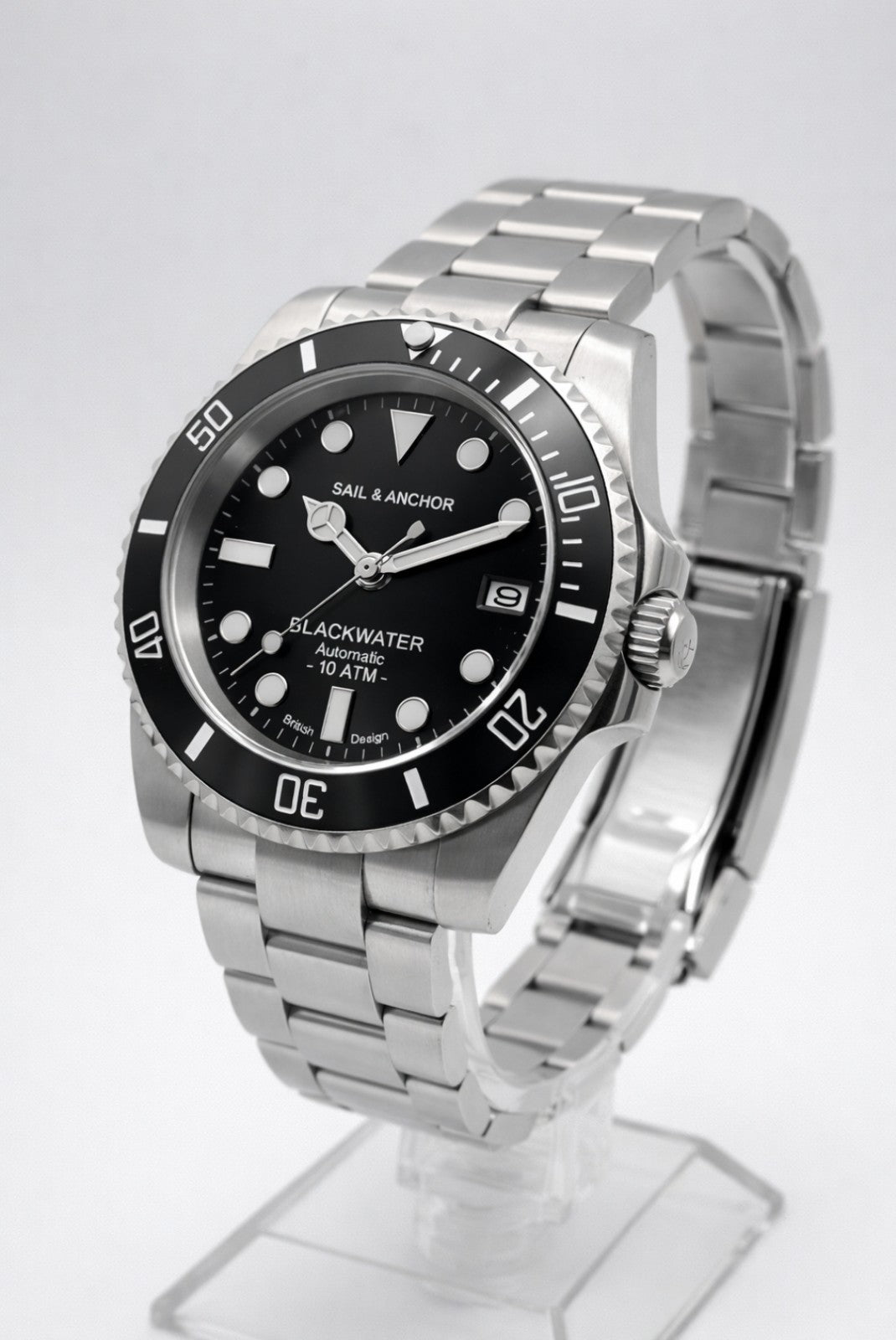 Automatic Dive Watch Steel Bracelet Black Dial 100M Date Sapphire Sail & Anchor2