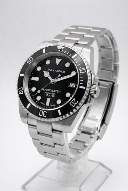 Automatic Dive Watch Steel Bracelet Black Dial 100M Date Sapphire Sail & Anchor2
