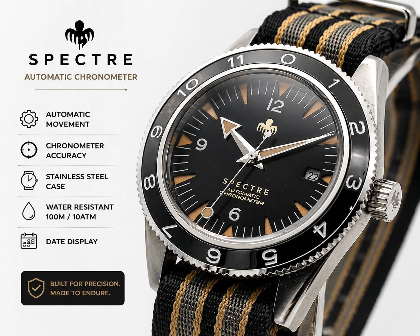 New Bond Automatic Dive Watch 41mm Sapphire Steel Black Dial 100m SPECTRE UK