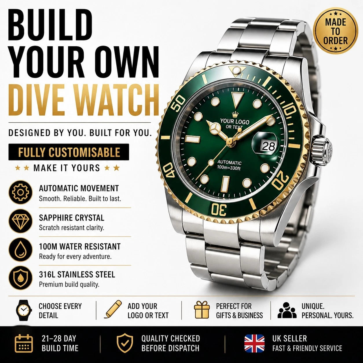 Custom Automatic Dive Watch Build Your Own NH35 / Miyota Sapphire 100M UK Seller
